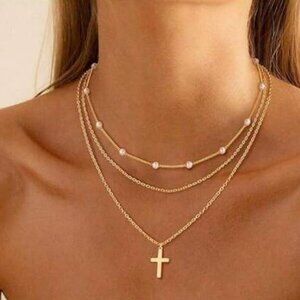 Triple Layered Necklace with Cross Pendant